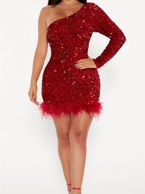 Fashion Nova Red One-Shoulder Sequin Feather Mini Dress